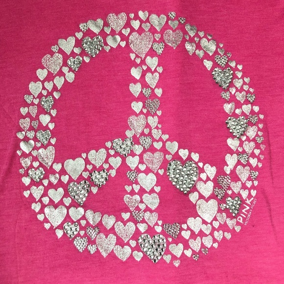 Metallic Rhinestone Peace Sign Hearts PINK Tee - Picture 2 of 6
